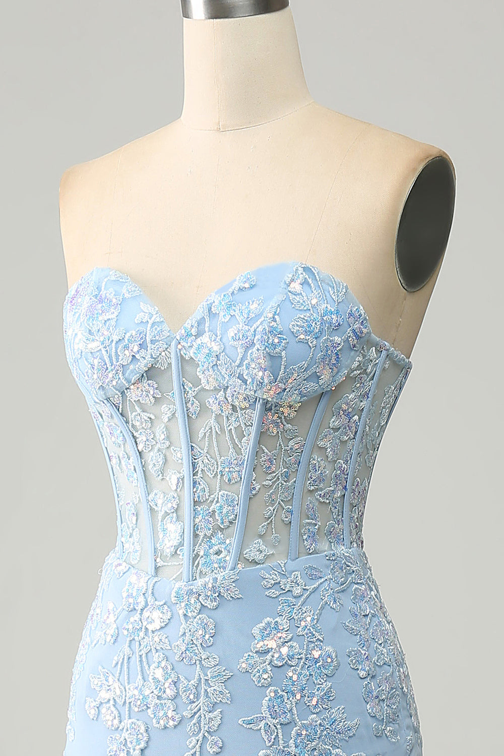 Light Blue Mermaid Sweetheart Corset Appliques Ball Dress With Side Slit
