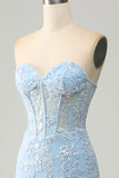 Light Blue Mermaid Sweetheart Corset Appliques Ball Dress With Side Slit