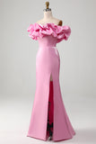 Pink Mermaid Off the Shoulder Ball Dress with Meringue Ruffles