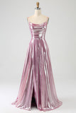 Stunning A Line Spaghetti Straps Pink Long Ball Dress with Split Front