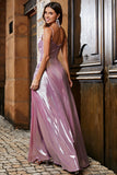 Sparkly A Line Spaghetti Straps Pink Long Ball Dress with Split Front