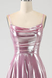 Stunning A Line Spaghetti Straps Pink Long Ball Dress with Split Front