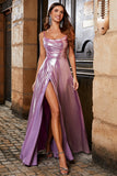 Sparkly A Line Spaghetti Straps Pink Long Ball Dress with Split Front