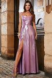 Sparkly A Line Spaghetti Straps Pink Long Ball Dress with Split Front