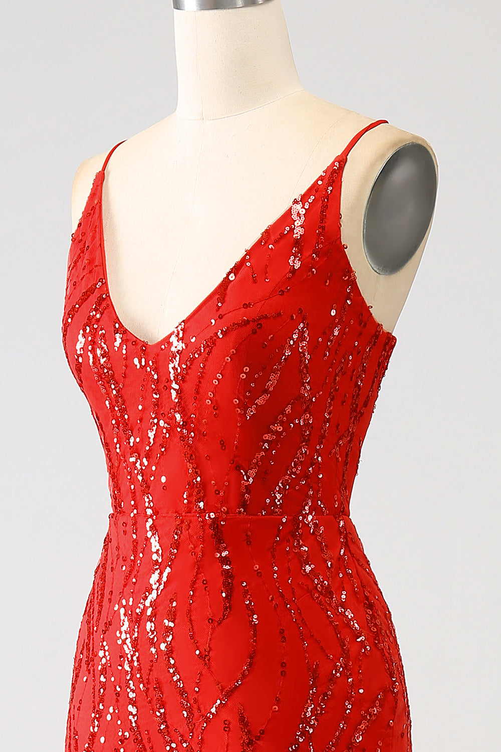 Glitter Red Mermaid Spaghetti Straps Long Sequins Ball Dress with Slit