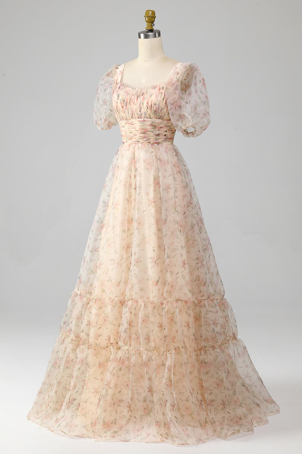 Champagne A-Line Floral Print Pleated Tiered Ball Dress With Puff Sleeves