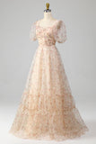 Champagne A-Line Floral Print Pleated Tiered Ball Dress With Puff Sleeves