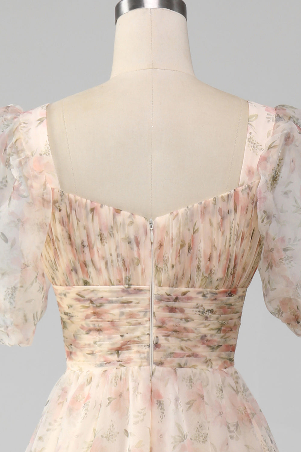 Champagne A-Line Floral Print Pleated Tiered Ball Dress With Puff Sleeves