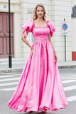 Princess A Line Square Neck Hot Pink Long Ball Dress with Puff Sleeves