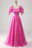 Puff Sleeves Hot Pink Ball Dress with Ruffles