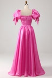 Puff Sleeves Hot Pink Ball Dress with Ruffles