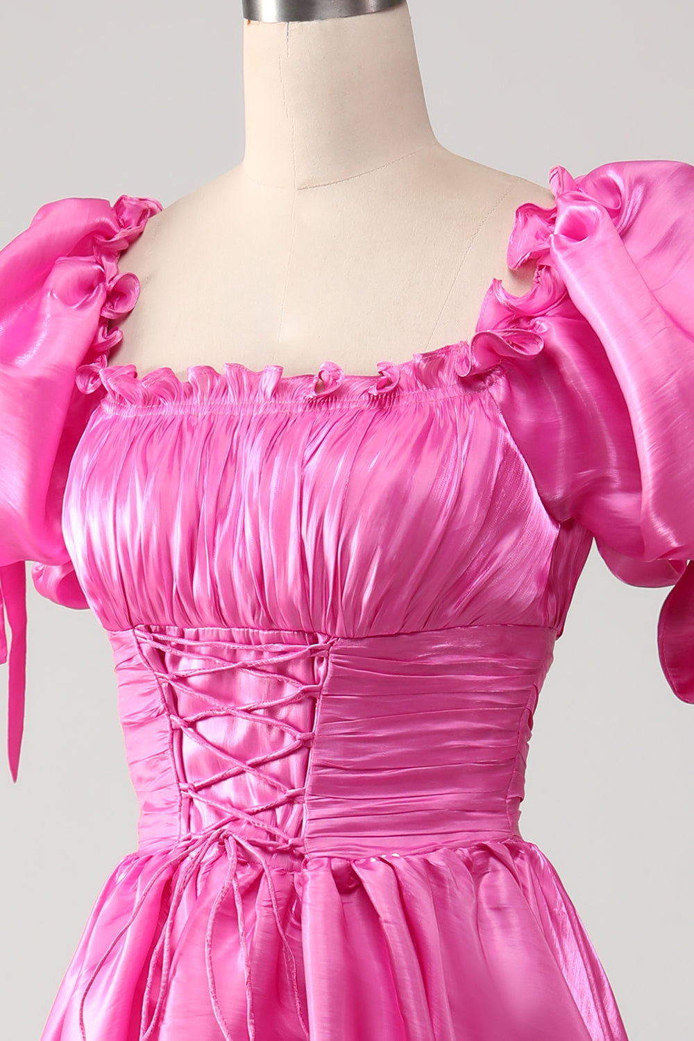 Puff Sleeves Hot Pink Ball Dress with Ruffles