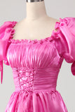 Puff Sleeves Hot Pink Ball Dress with Ruffles