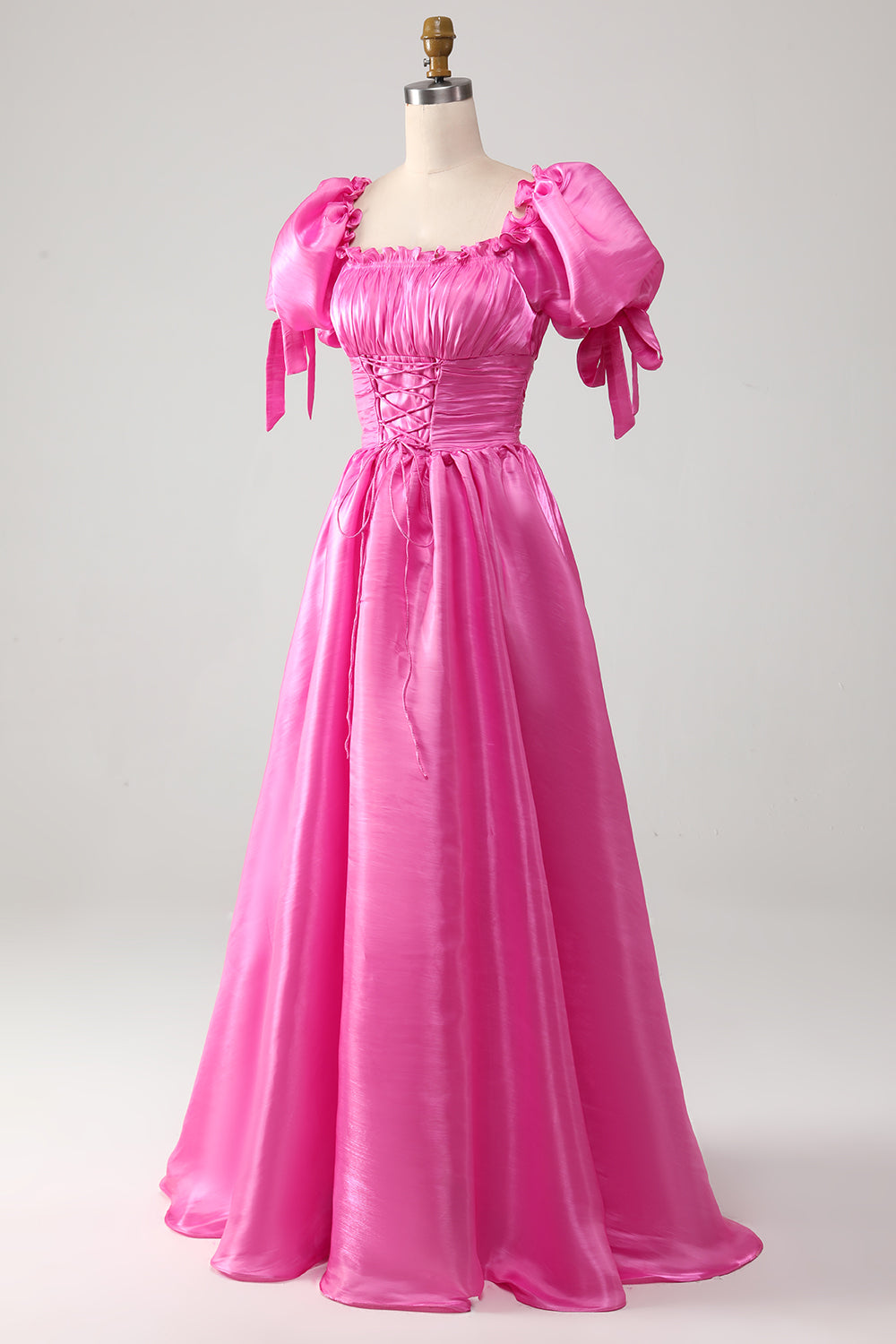 Puff Sleeves Hot Pink Ball Dress with Ruffles