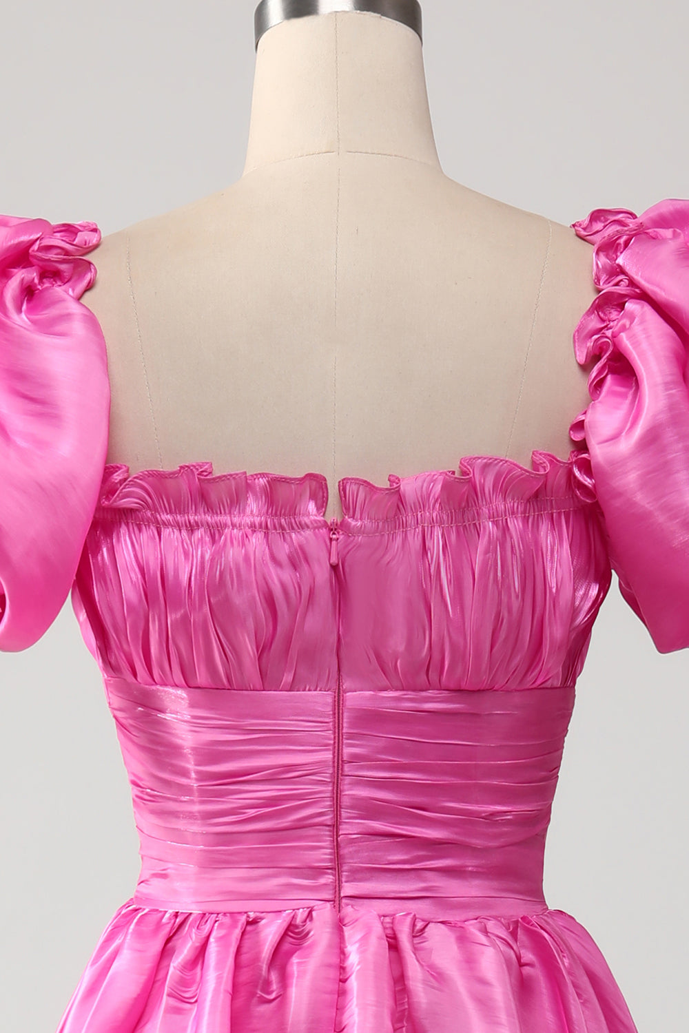 Puff Sleeves Hot Pink Ball Dress with Ruffles