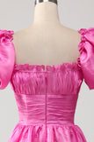 Puff Sleeves Hot Pink Ball Dress with Ruffles