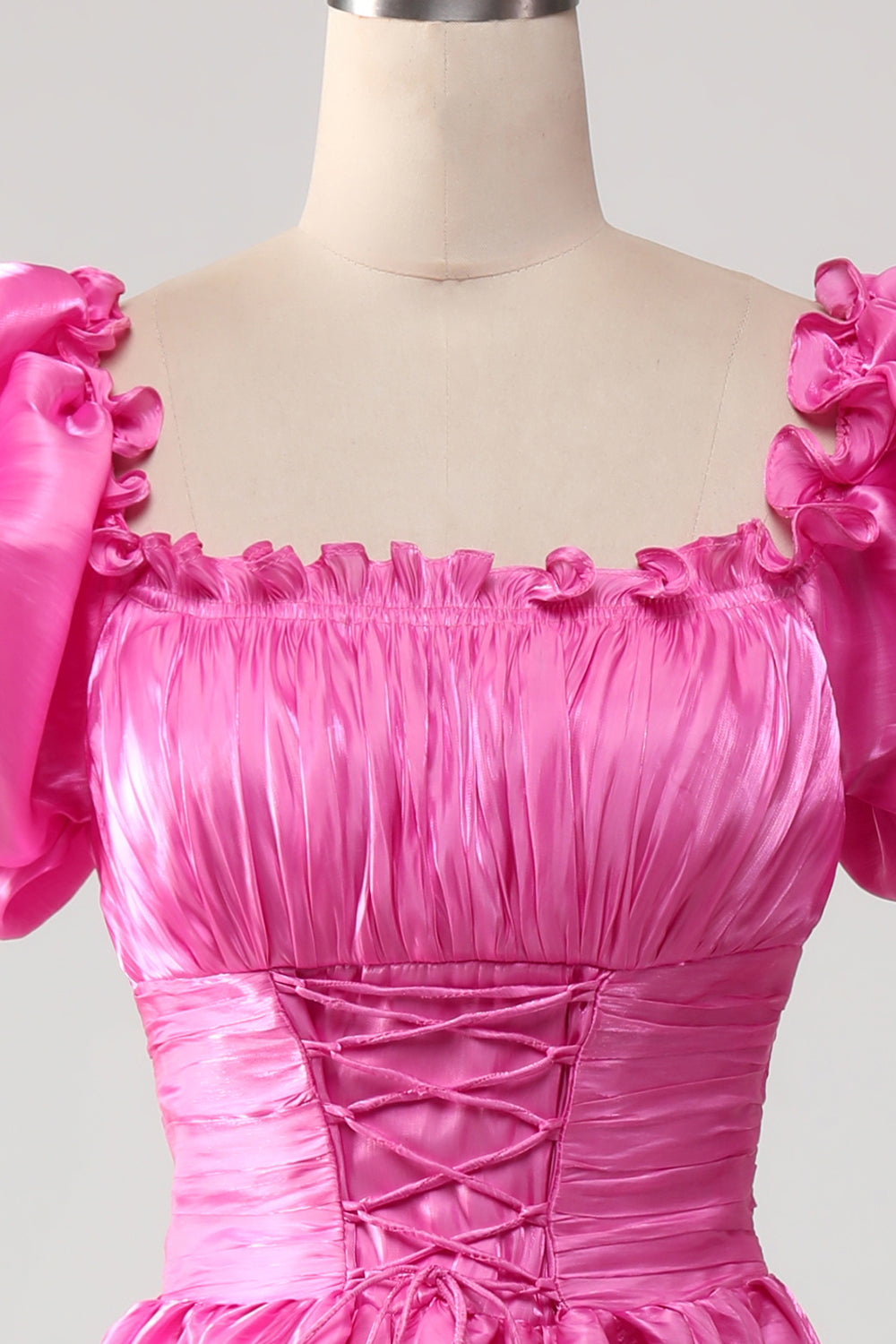 Puff Sleeves Hot Pink Ball Dress with Ruffles