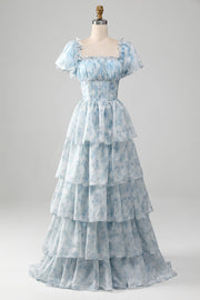 Light Blue A-Line Tiered Ball Dress with Corset