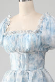 Light Blue A-Line Tiered Ball Dress with Corset
