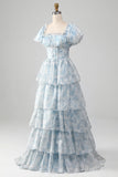 Blush A Line Square Neck Tiered Ball Dress with Ruffles