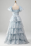 Blush A Line Square Neck Tiered Ball Dress with Ruffles