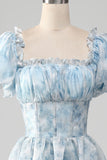 Light Blue A-Line Tiered Ball Dress with Corset