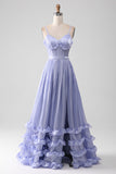 Lavender A Line Spaghetti Straps Ruffles Ball Dress with Slit