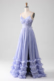 Lavender A Line Spaghetti Straps Ruffles Ball Dress with Slit