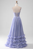 Lavender A Line Spaghetti Straps Ruffles Ball Dress with Slit
