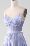 Lavender A Line Spaghetti Straps Ruffles Ball Dress with Slit