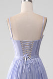 Lavender A Line Spaghetti Straps Ruffles Ball Dress with Slit