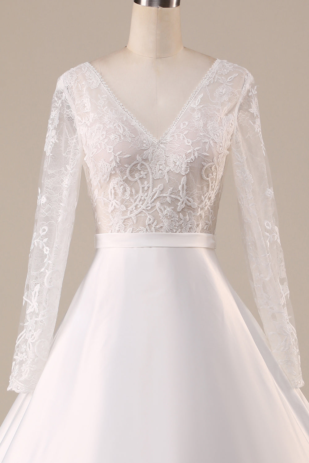 Ivory Satin Sweep Train Long Sleeves Wedding Dress