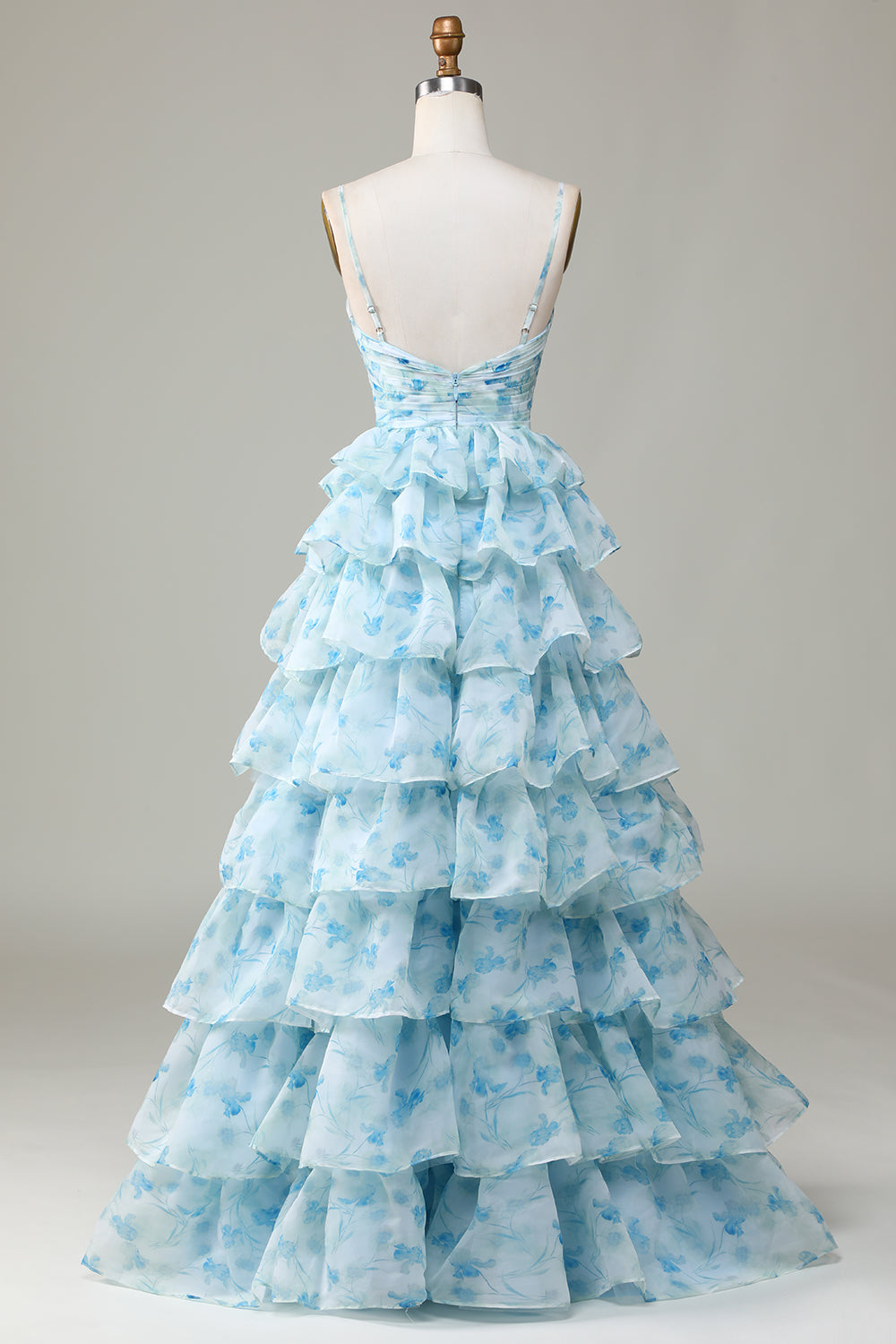 Spaghetti Straps Cut Out Tiered Blue Ball Dress