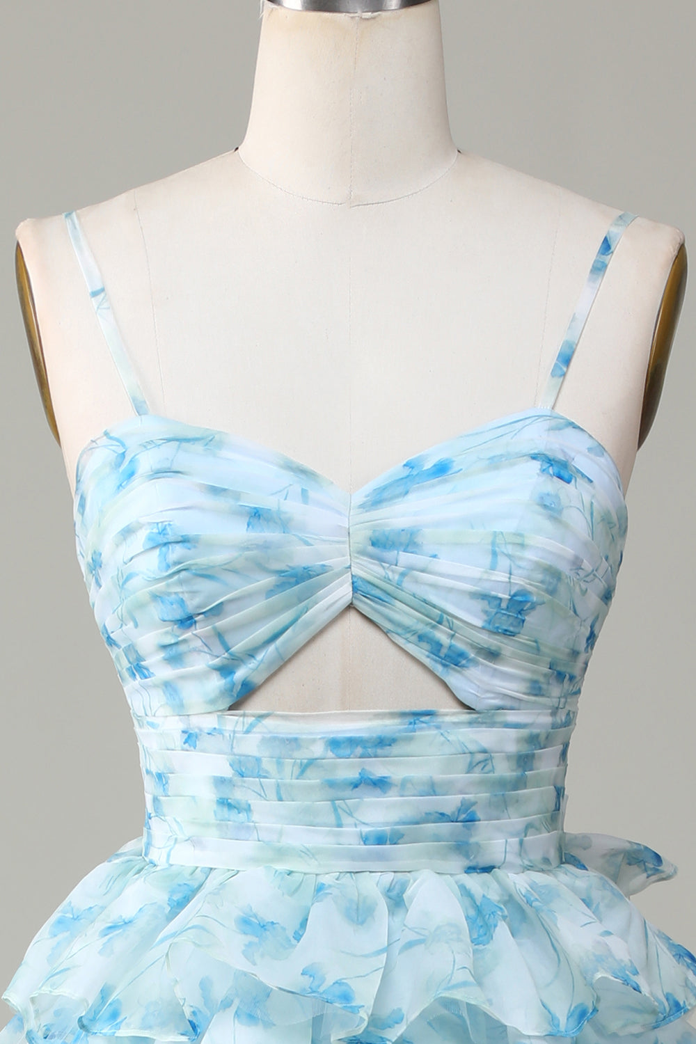 Spaghetti Straps Cut Out Tiered Blue Ball Dress