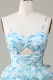 Spaghetti Straps Cut Out Tiered Blue Ball Dress