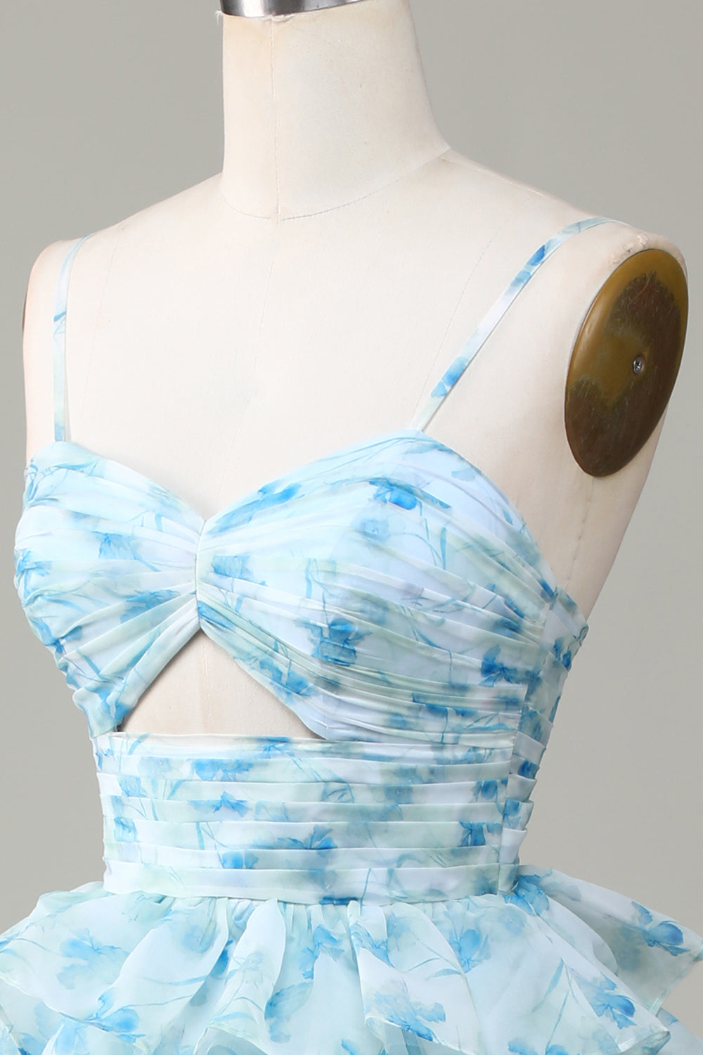 Spaghetti Straps Cut Out Tiered Blue Ball Dress