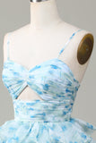 Spaghetti Straps Cut Out Tiered Blue Ball Dress
