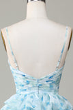 Spaghetti Straps Cut Out Tiered Blue Ball Dress