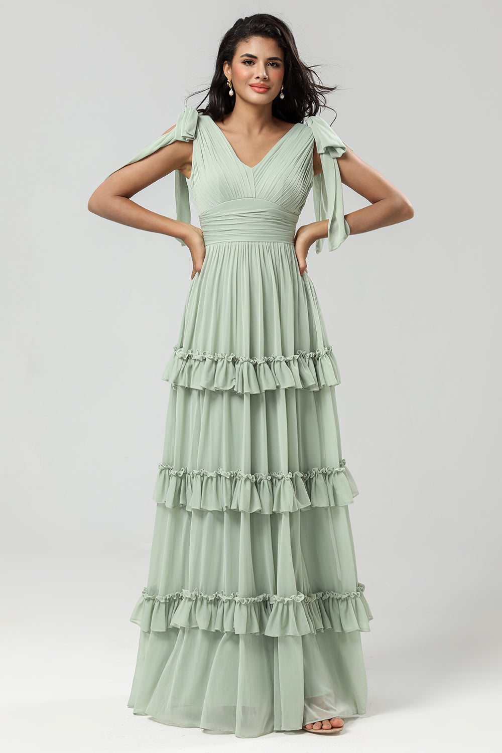 Dusty Sage A Line Chiffon Bridesmaid Dress with Pleated