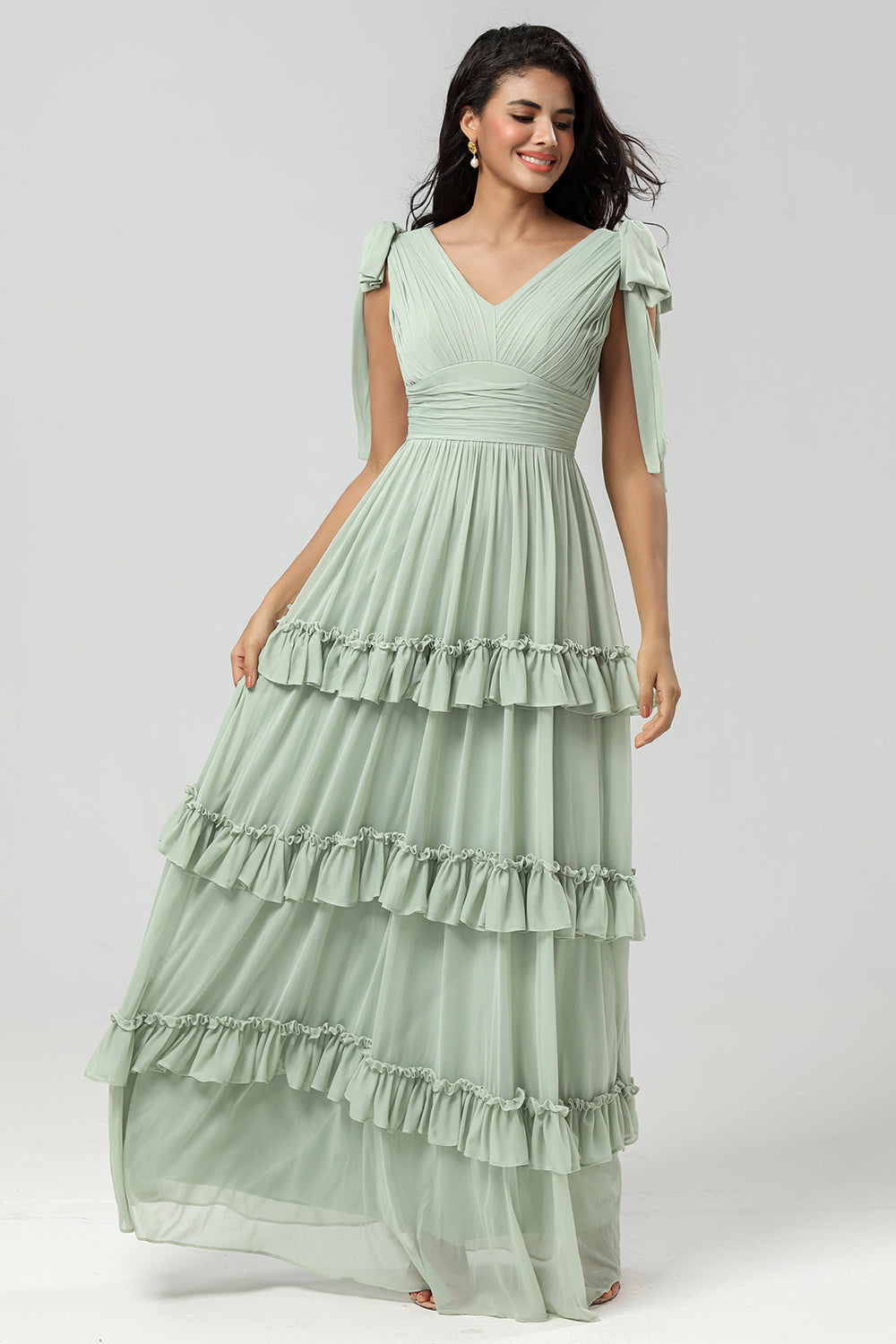 Dusty Sage A Line Chiffon Bridesmaid Dress with Pleated