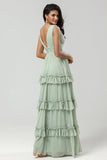 Dusty Sage A Line Chiffon Bridesmaid Dress with Pleated