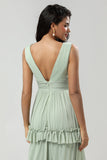 Dusty Sage A Line Chiffon Bridesmaid Dress with Pleated