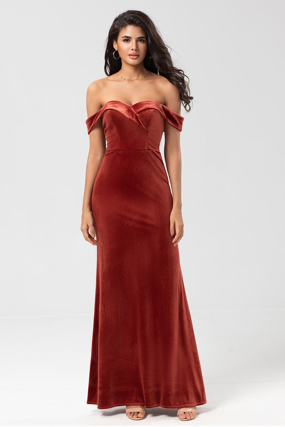 Terracotta Mermaid Off the Shoulder Velvet Bridesmaid Dress