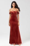 Terracotta Mermaid Off the Shoulder Velvet Bridesmaid Dress