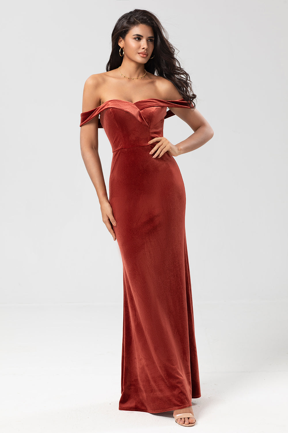Terracotta Mermaid Off the Shoulder Velvet Bridesmaid Dress
