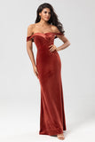 Terracotta Mermaid Off the Shoulder Velvet Bridesmaid Dress