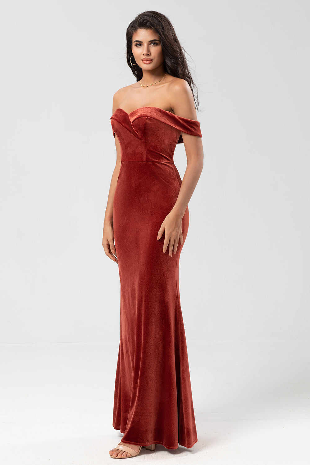 Terracotta Mermaid Off the Shoulder Velvet Bridesmaid Dress