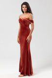 Terracotta Mermaid Off the Shoulder Velvet Bridesmaid Dress