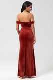 Terracotta Mermaid Off the Shoulder Velvet Bridesmaid Dress