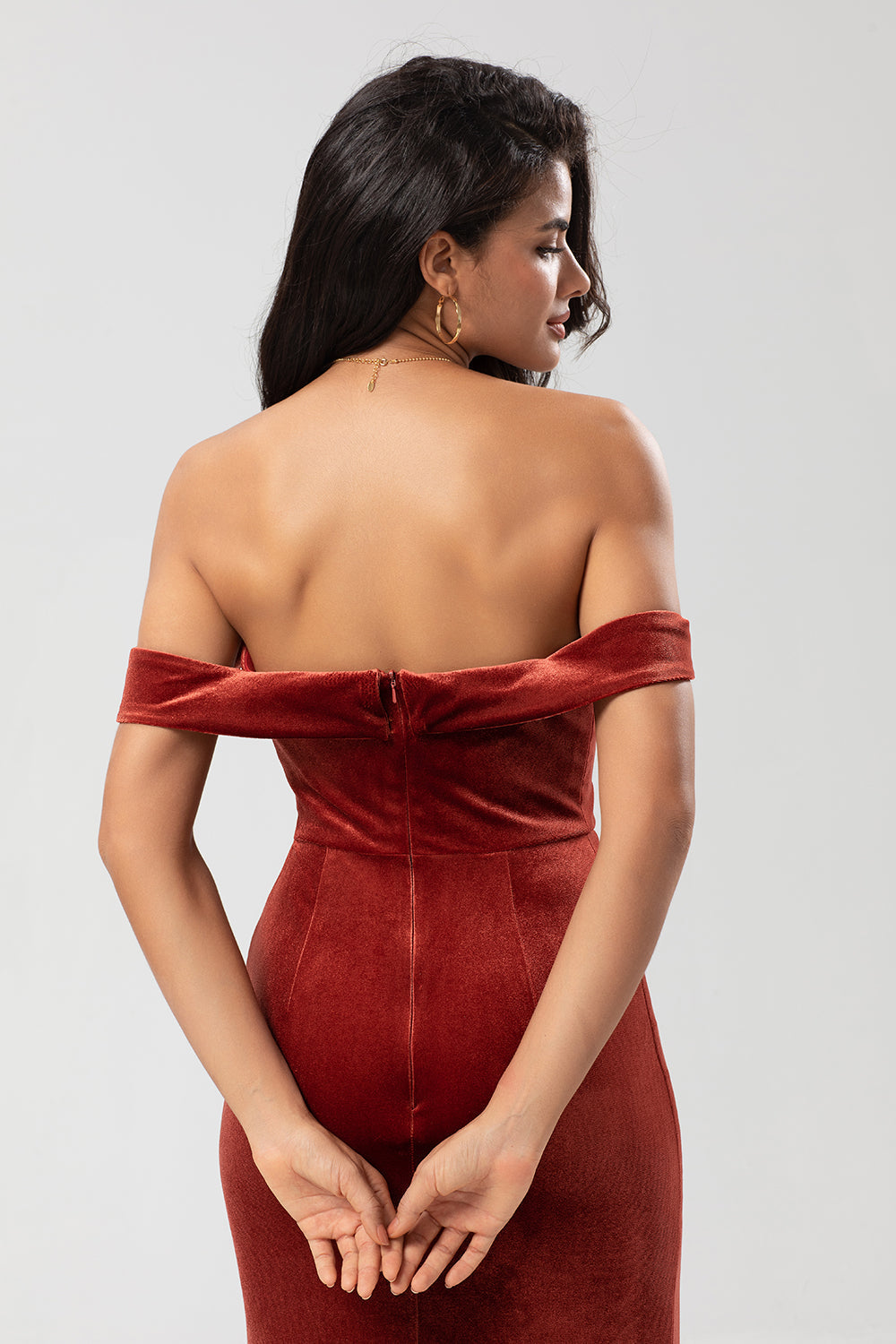 Terracotta Mermaid Off the Shoulder Velvet Bridesmaid Dress